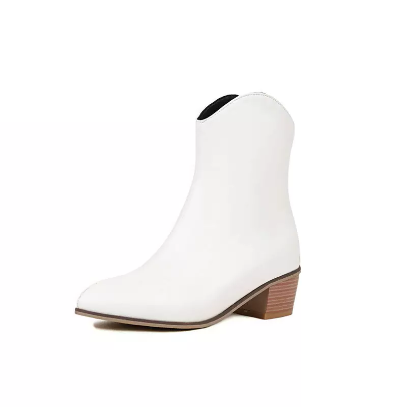 XINZIRAIN Custom Winter Leather White Block Heel Ankle Boots